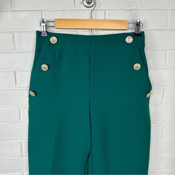 Zara Green High Rise Tapered Trouser Pants w Gold Button Accent Detail Size XS - Picture 6 of 14
